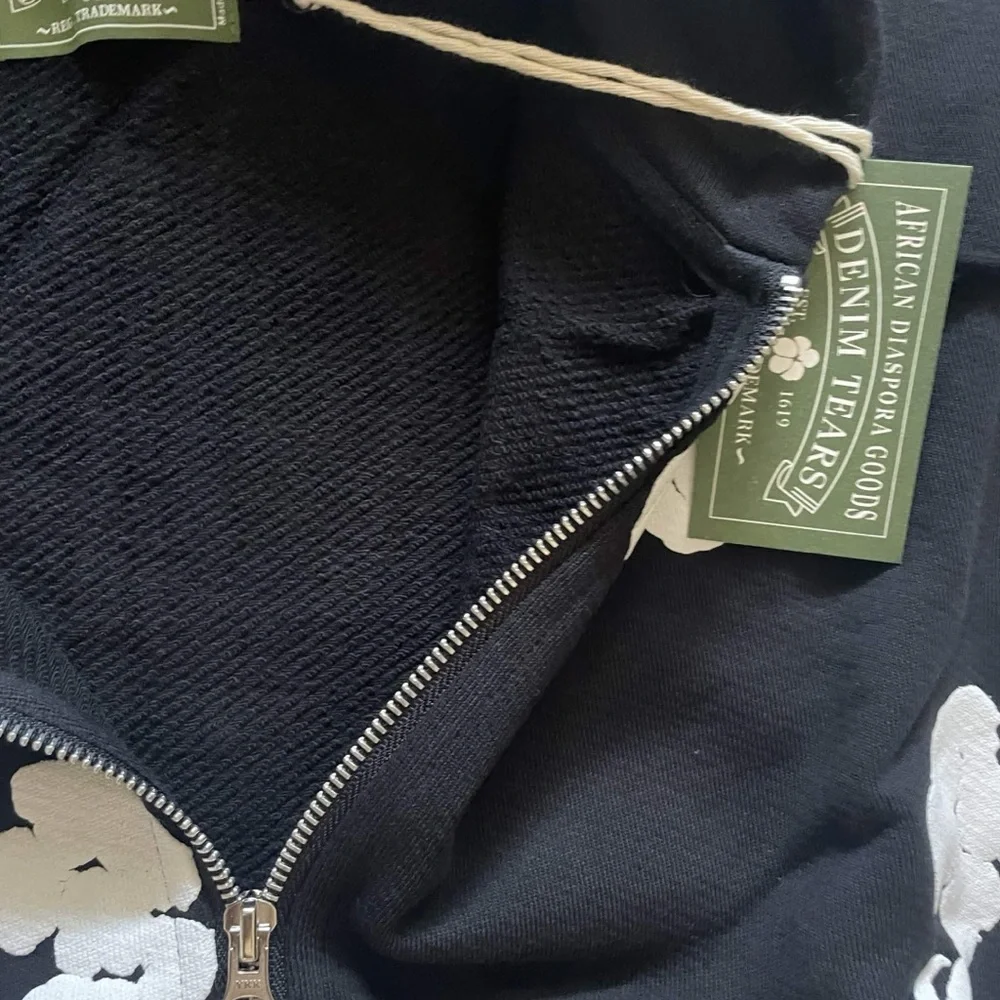 Xs black zip up denim tears hoodie